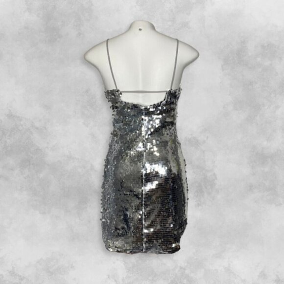 NWOT Stradivarius Silver Sequin Swiftie Metallic Spacecore Prom Mini Dress S - Picture 4 of 12
